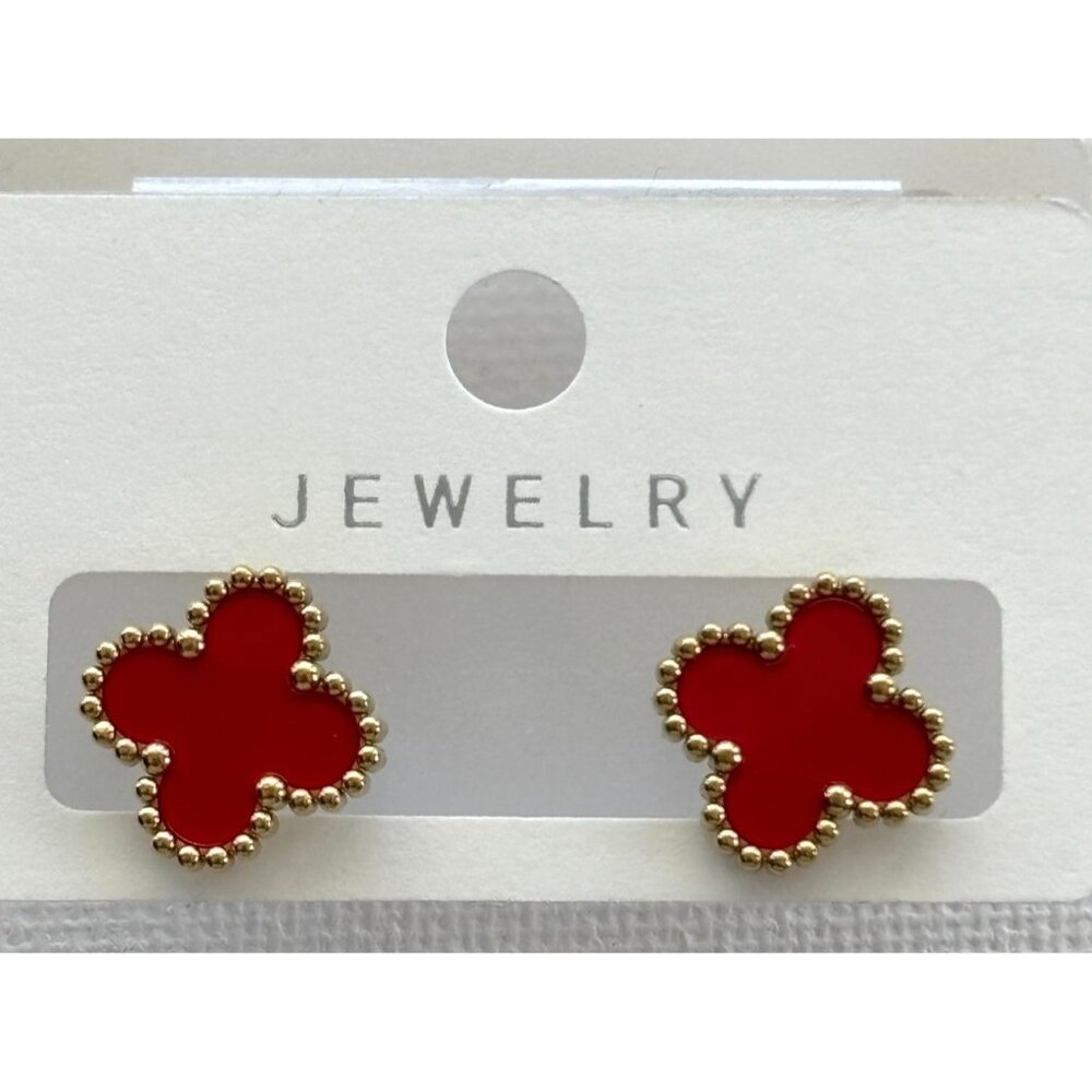 Gold-Tone Red  Stud Earrings With Beaded Edges
